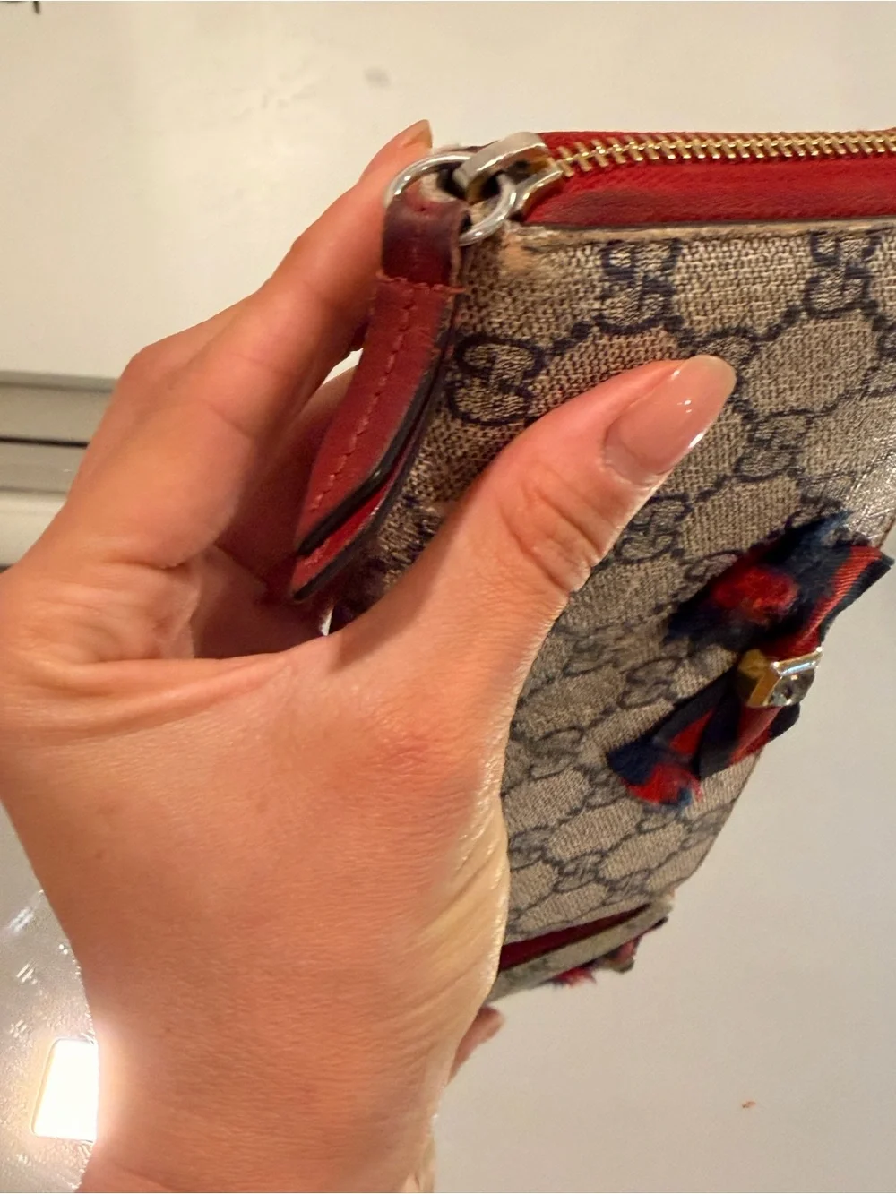 Gucci Beige Canvas Monogram Wallet with Navy and Red Bow
